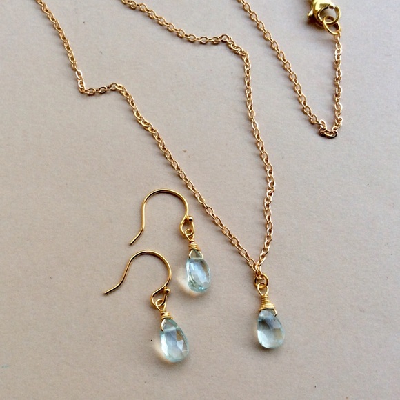 Natural Aquamarine Gold Plated Necklace & Earrings - Picture 2 of 16